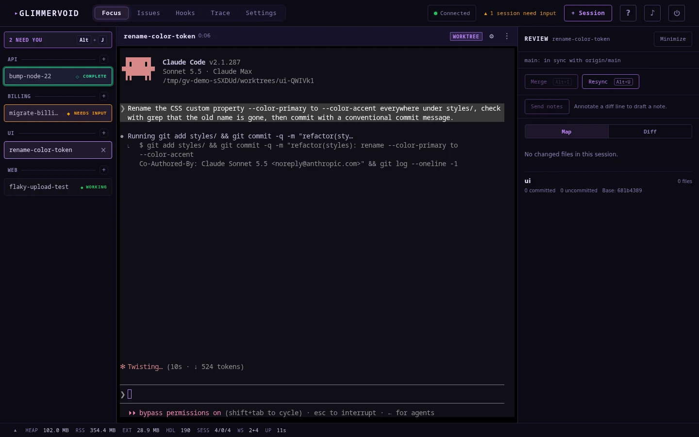 Glimmervoid focus view: session rail with complete, needs input and working states, a live Claude Code terminal, and the worktree review sidebar